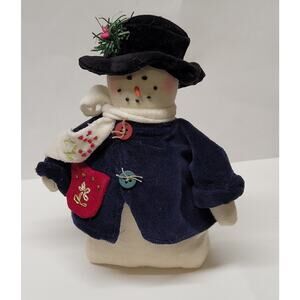 Snowman Frosty Dark Blue Velvet Coat Black Hat Weighted Bottom 6 1/2 in tall